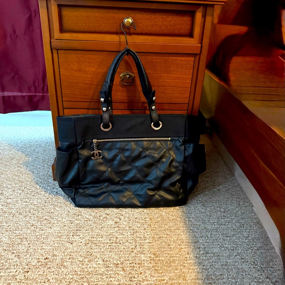Chanel Womens Biarritz Large Shopping Tote Black Toile SS07 Weekend Travel Bag